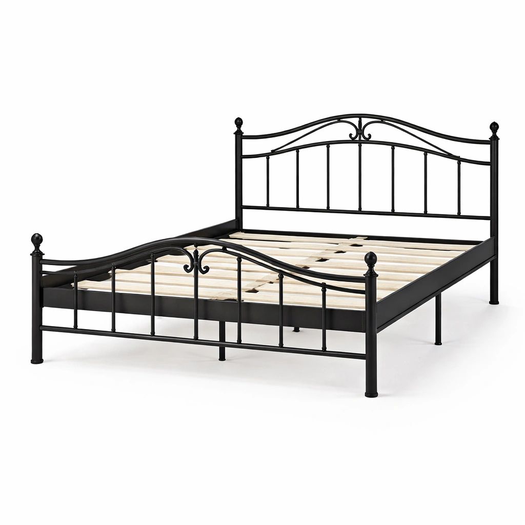 Cama metalica negra con estructura resistente y estilo clasico-cozanoe